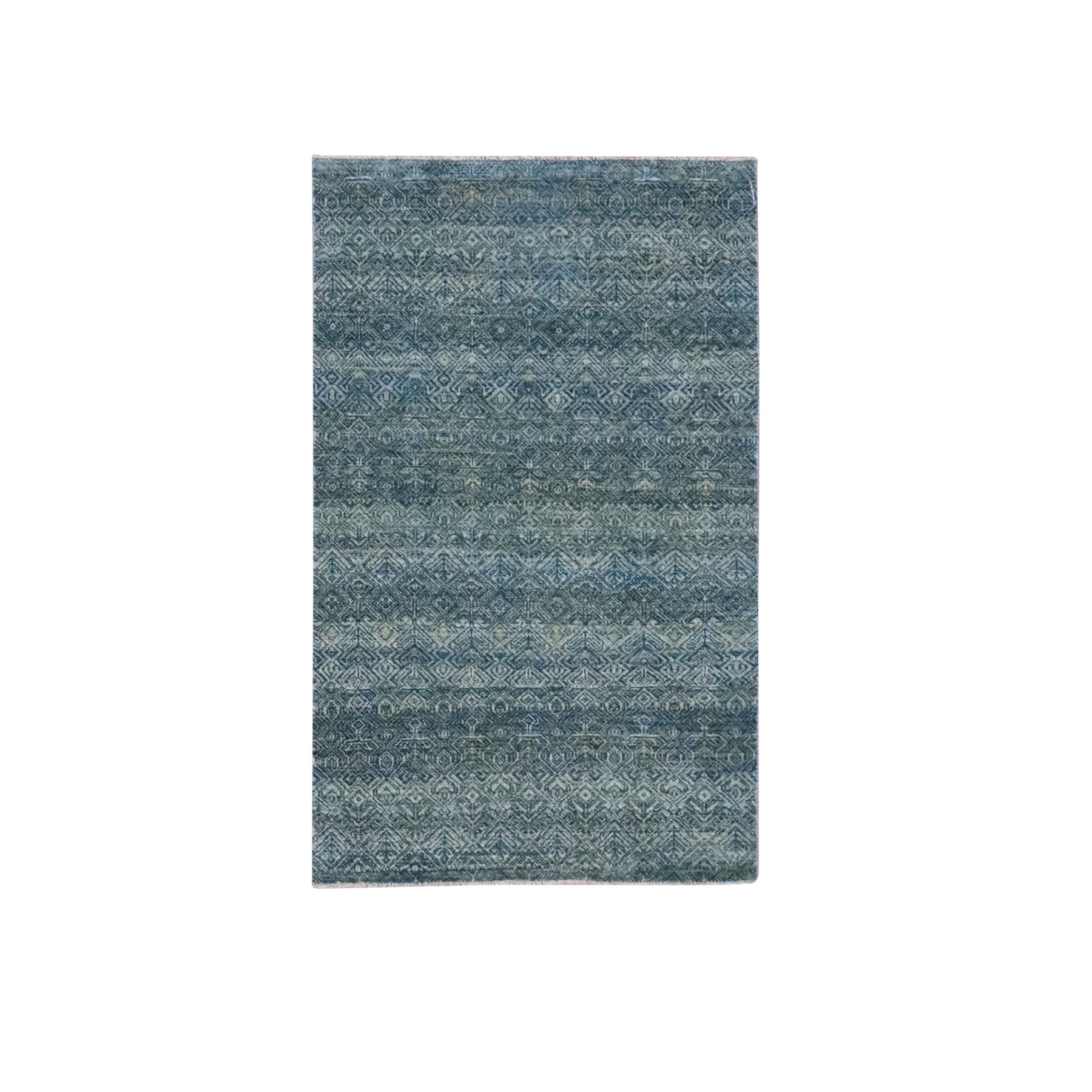 3'x5' Ocean Blue, Small Geometric Repetitive Diamond Design, Tone on Tone, Kohinoor Herat Pattern, Soft Wool, Hand Knotted, Oriental Rug 